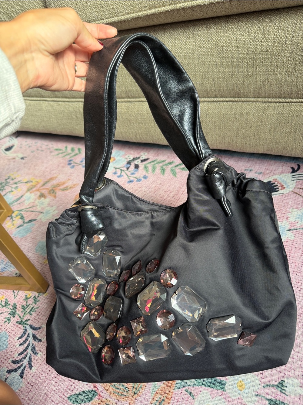 Stuart Weitzman Black Embellished Rhinestone Nylon Leather Shoulder Bag Tote Y2K